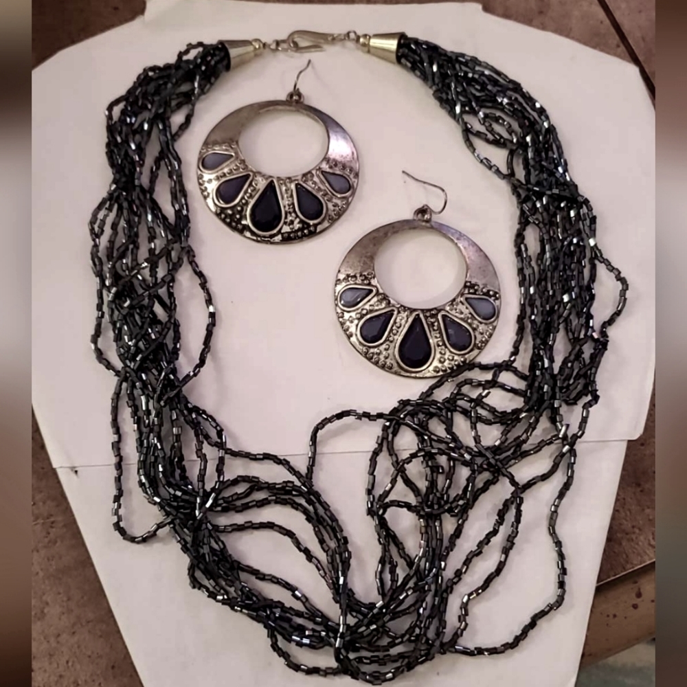Black Blue Beaded 12" Multi-Strand Necklace & 2" Silver & Blue Dangle Earrings
